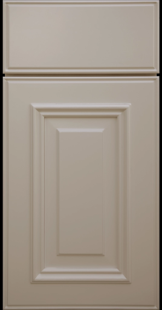 Custom French Grey Anderson Raised Panel Kitchen Cabinet Door and matching Slab Drawer Front.